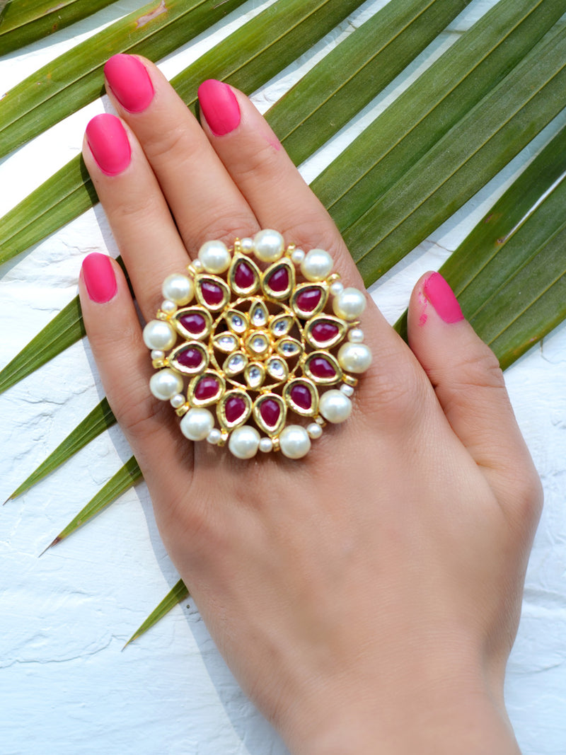 Damini Kundan Ring, one of our unique pearl kundan rings from our designer collection of rings for girls online.