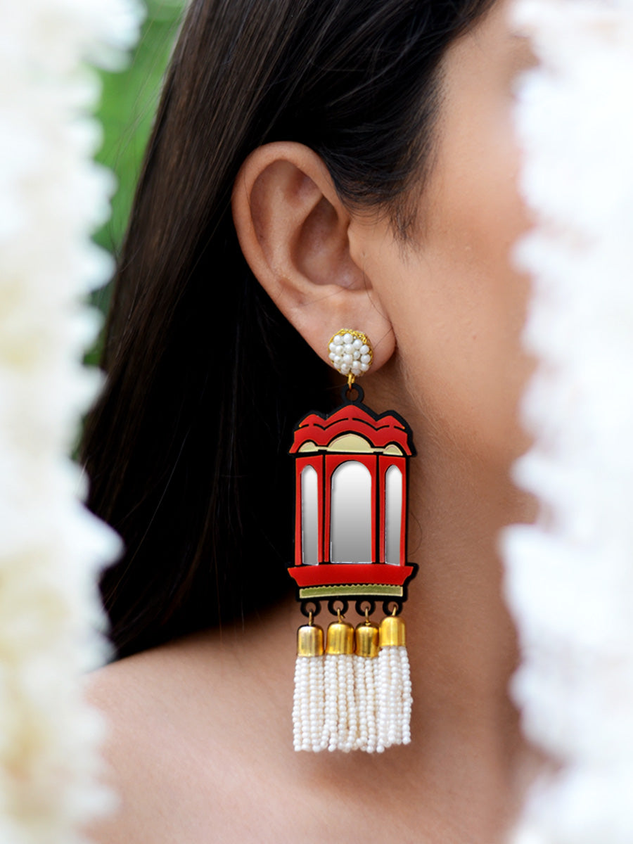Hawa Mahal Pearl Earrings, a contemporary handcrafted earring from our wedding collection of Kundan, gota patti, pearl earrings for women online.