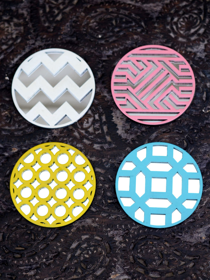 Wooden Coasters (Set Of 4), bright coloured jaali-work coasters with a mirror base from our collection of quirky bohemian home decor products like keychain holders, wall decor and more..