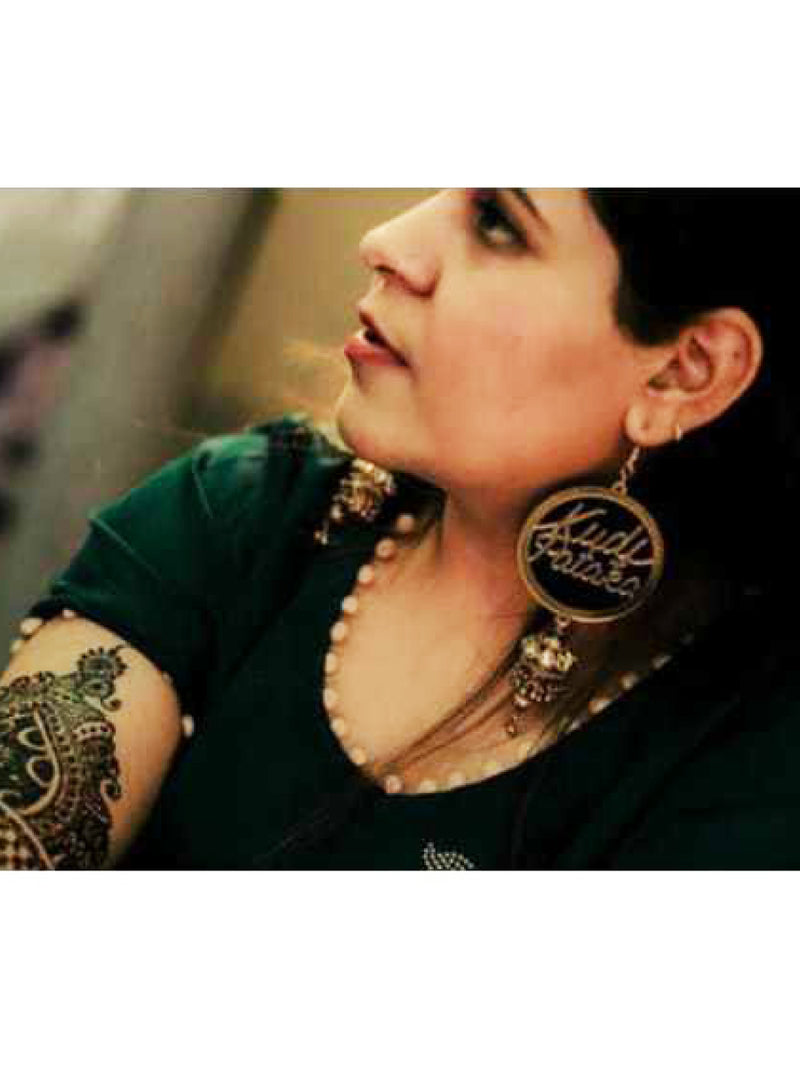 Kudi Pataka Earrings, a quirky, unique, statement party-wear earrings from our designer collection of hand embroidered earrings for women.