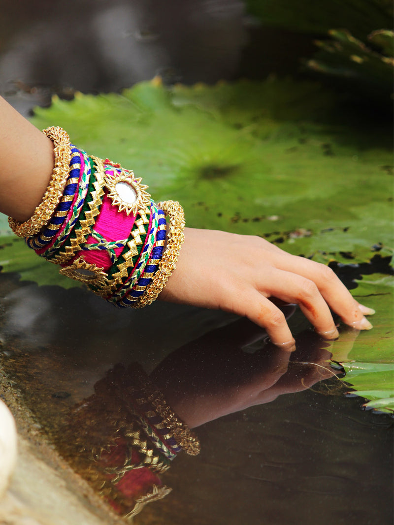 Nargis Gota Bangles (Pink-Blue), a designer hand embroidered bangle from our latest wedding collection of kundan, gota, zari and pearl bangles for women online.