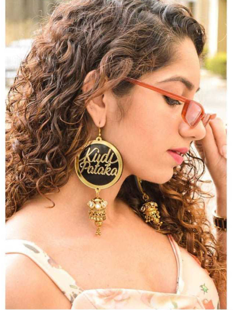 Kudi Pataka Earrings, a quirky, unique, statement party-wear earrings from our designer collection of hand embroidered earrings for women.