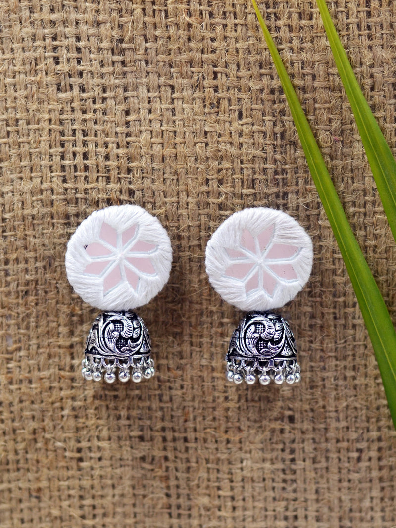 Mahira hand embroidered Jhumka, a beautifully hand-embroidered earring jhumka from our designer collection of quirky, boho, Kundan and tassel earrings and jhumkas for women online.