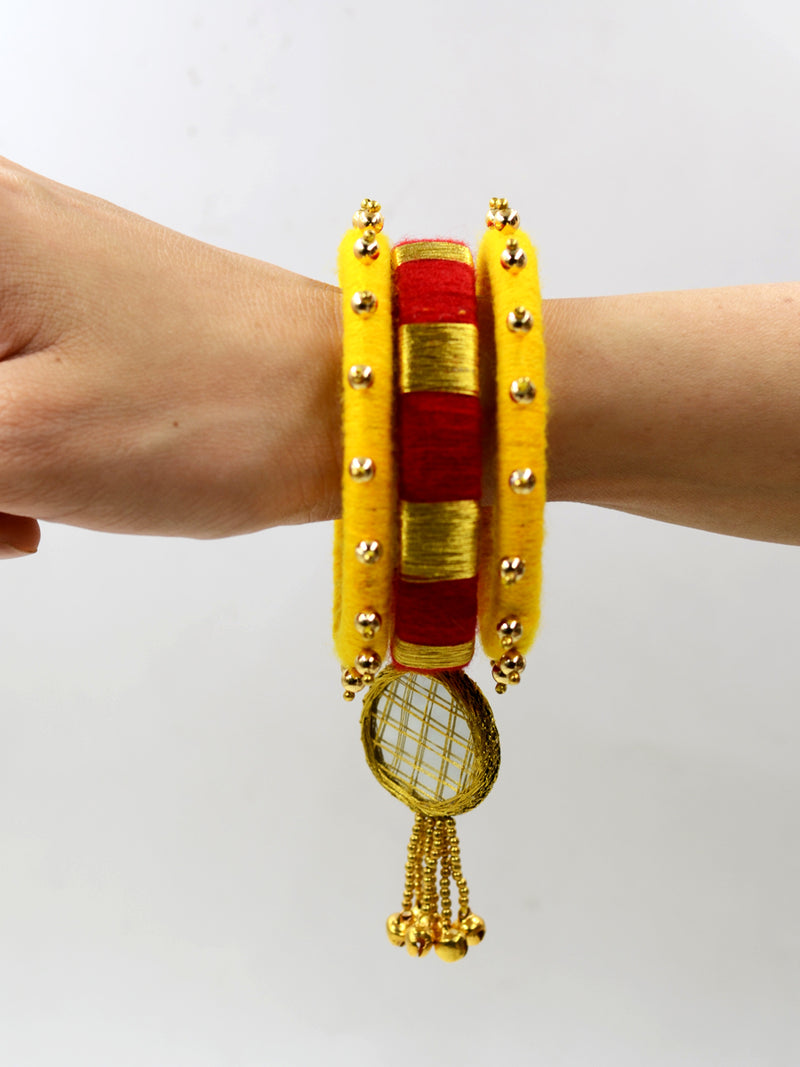 Zari Mirror Ghungroo Bangles (Set of 3), a set of beautiful handmade zari bangles with bead and ghungroo detailing from our latest designer collection of wedding themed bangles for women.