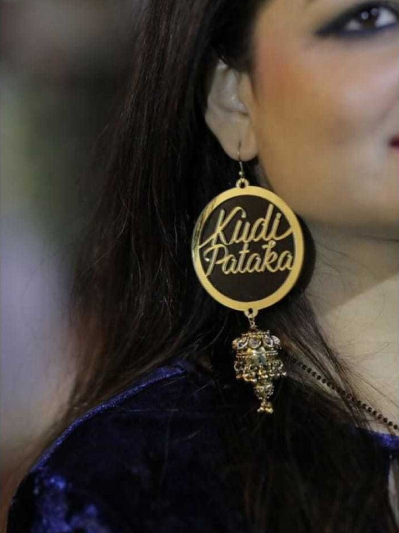 Kudi Pataka Earrings, a quirky, unique, statement party-wear earrings from our designer collection of wedding themed earrings for women online.