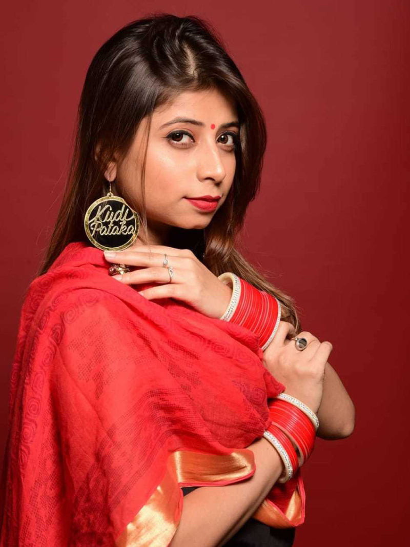Kudi Pataka Earrings, a quirky, unique, statement party-wear earrings from our designer collection of wedding themed earrings for women online.