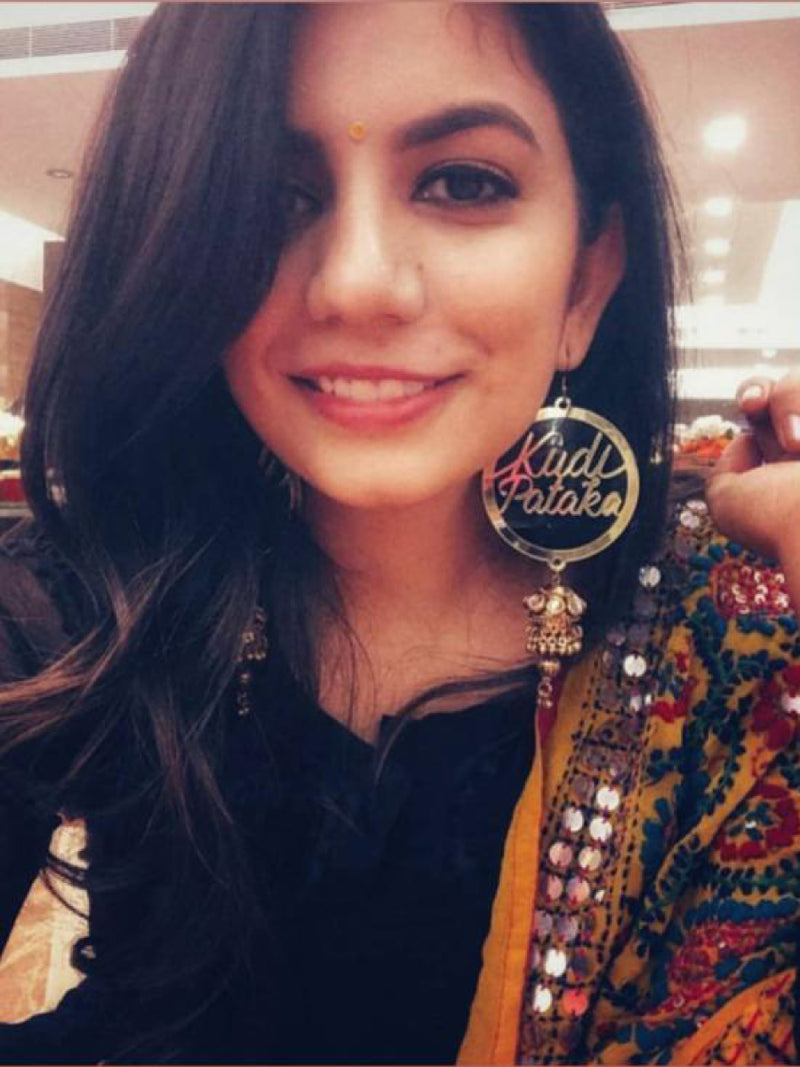 Kudi Pataka Earrings, a quirky, unique, statement party-wear earrings from our designer collection of hand embroidered earrings for women.