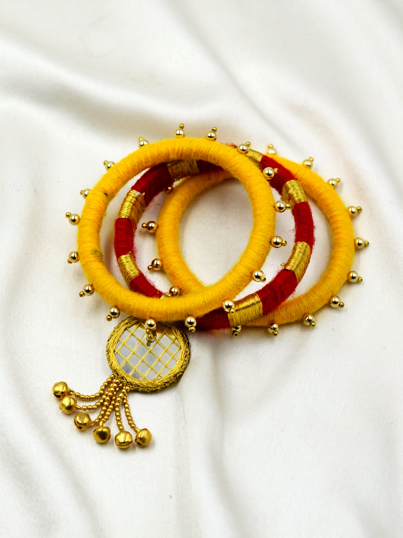 Zari Mirror Ghungroo Bangles (Set of 3), a set of beautiful handmade zari bangles with bead and ghungroo detailing from our latest designer collection of wedding themed bangles online for women.
