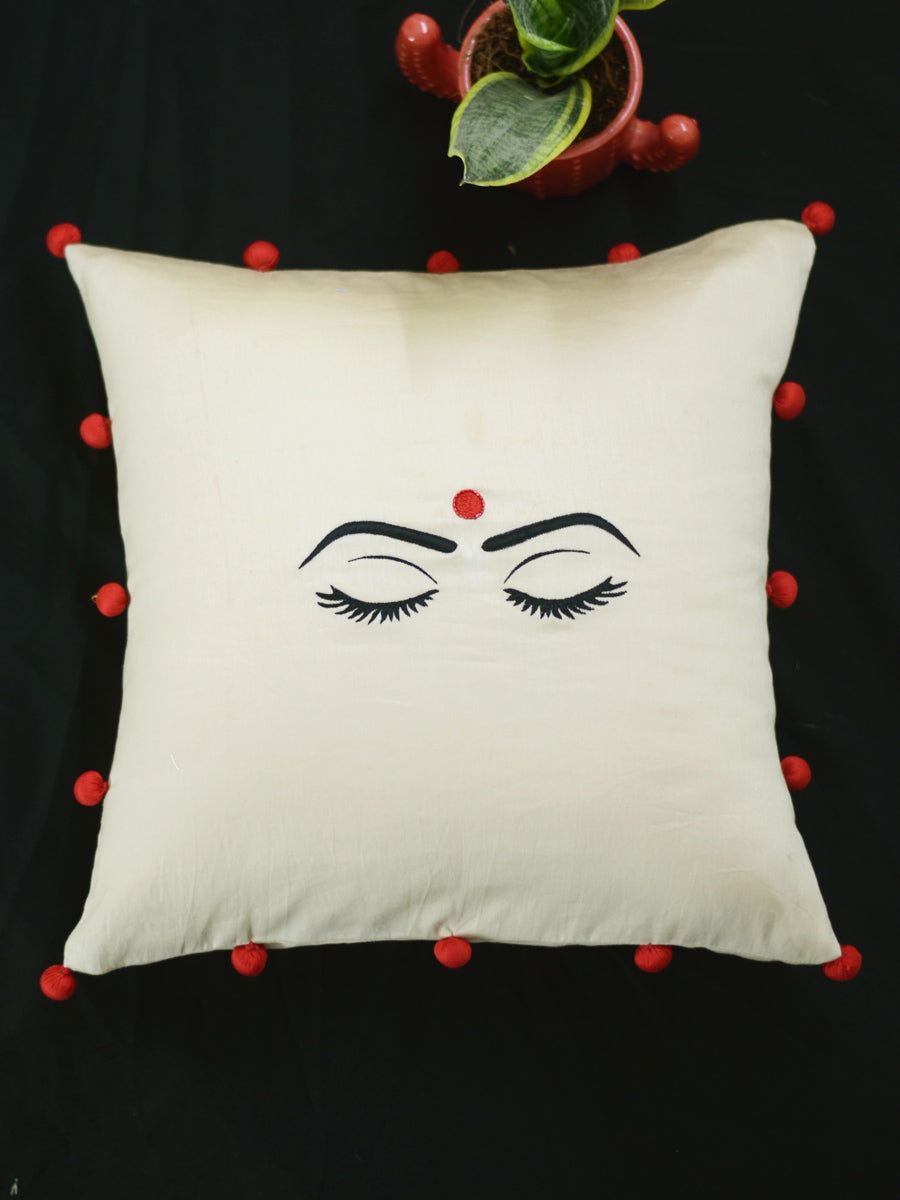 Bindi Cushion Cover, a unique hand embroidered cotton cushion cover with pom pom detailing from our wide range of quirky, bohemian home decor products like ethnic cushion covers, thread art and more.