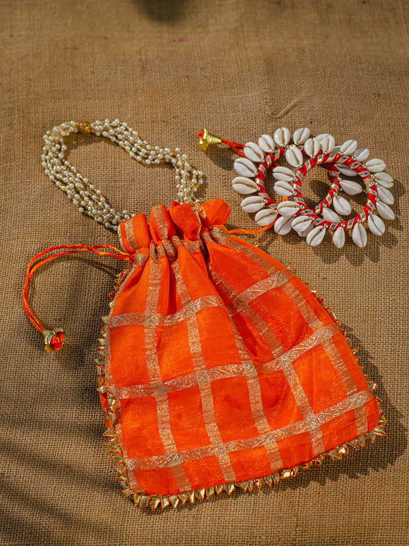 Polti & Bangles Combo 2 (Shell Love Red Bangles + Orange Organza Potli)