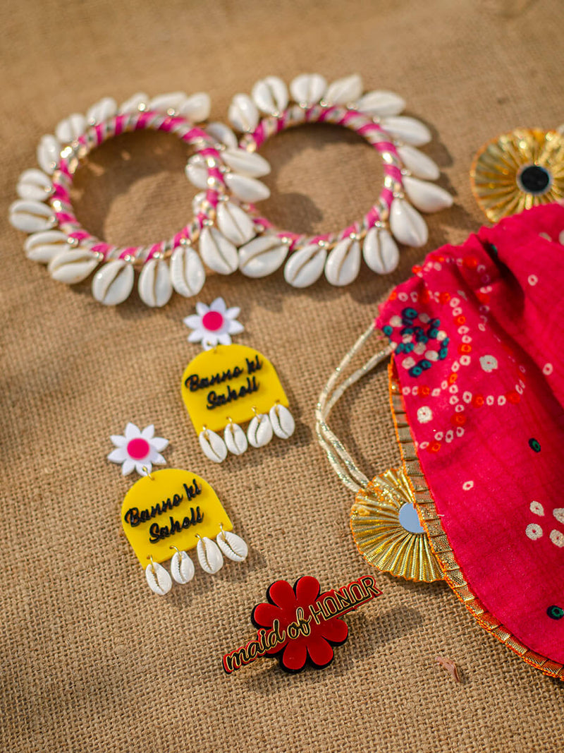 MAID OF HONOR Combo Set (Banno ki Saheli Shell Earrings + Shell love pink bangles + Maid of Honor Brooch + Bandhej Gota Potli)