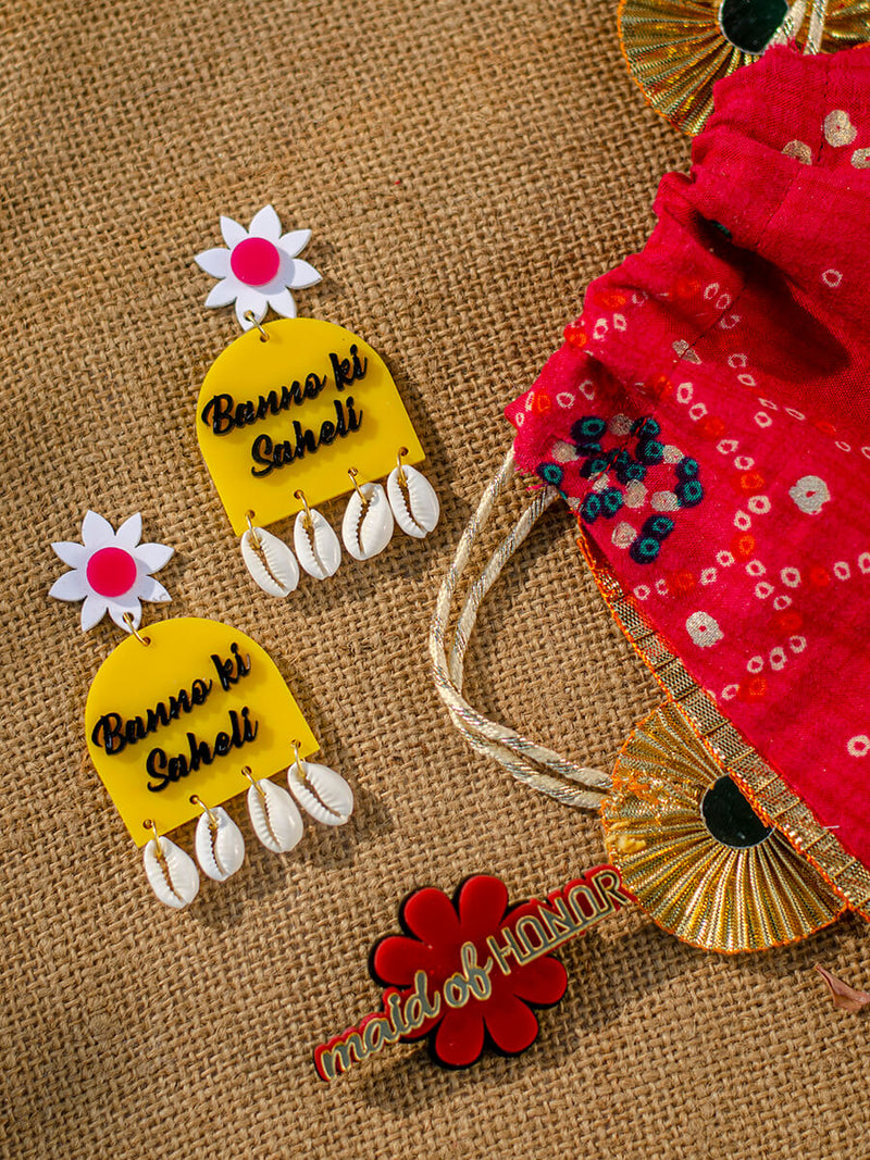 BRIDE'S BESTIE Combo Set (Banno ki Saheli Shell Earrings + Maid of Honor Brooch + Bandhej Gota Potli)