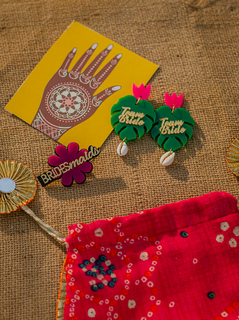 BRIDESMAID Combo (Team Bride Tropical Earrings + Bandhani Gota Potli + Bridesmaids Brooch)