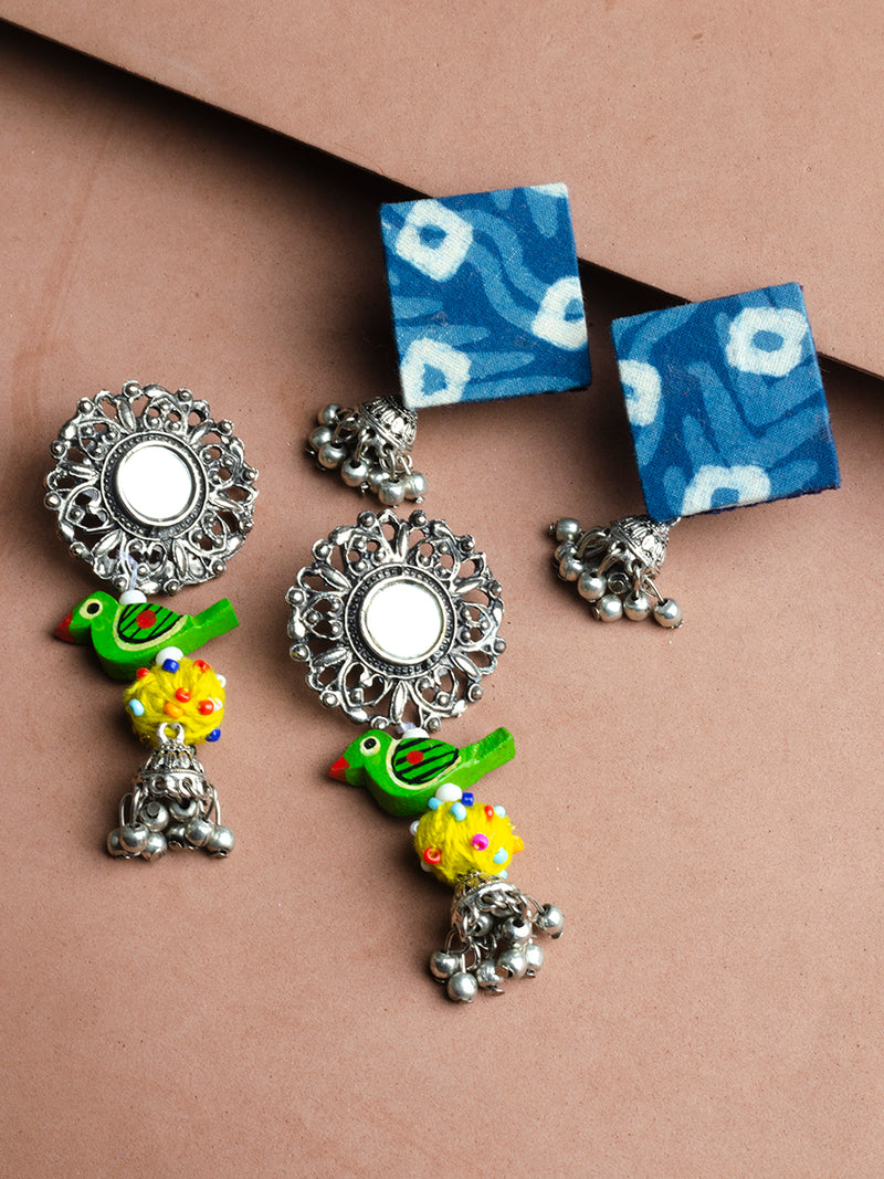 Luna Birdie + Bandhani Oxidised Jhumkas (Set of 2)