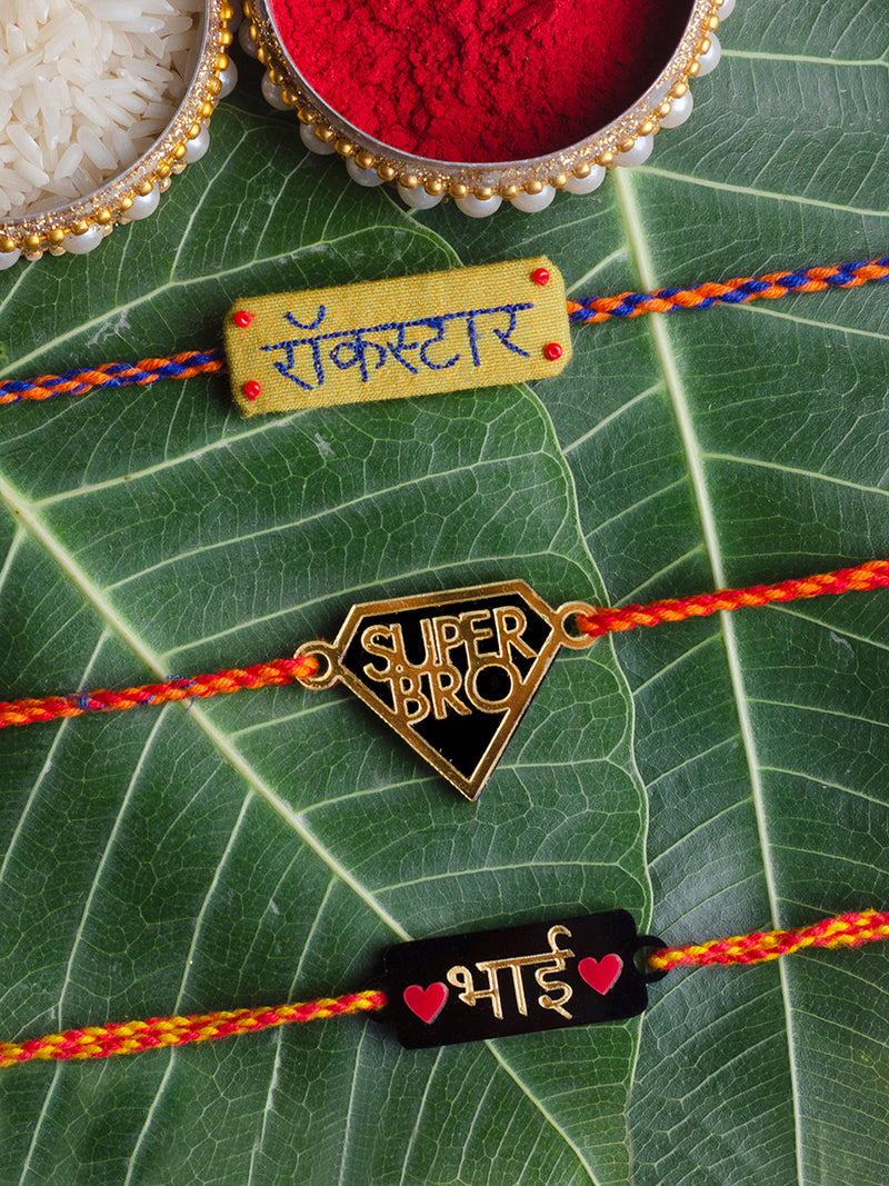 Rockstar + Super Bro + Bhai Heart Set of 3 Rakhis