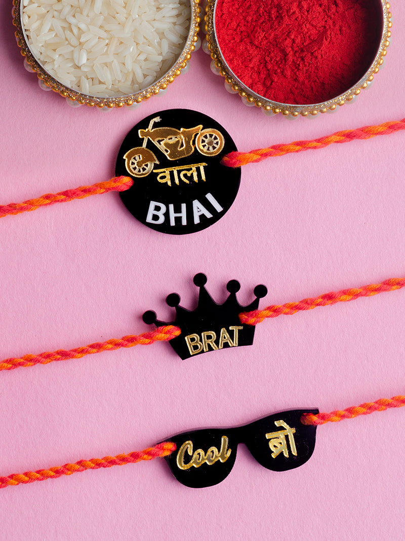 Bullet Wala Bhai + Cool Bro + Brat Set of 3 Rakhis