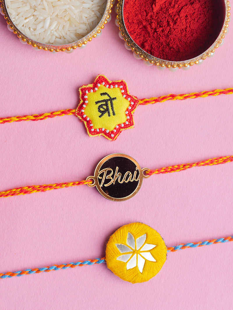 Bro + Bhai + Bandhan Yellow Set of 3 Rakhis