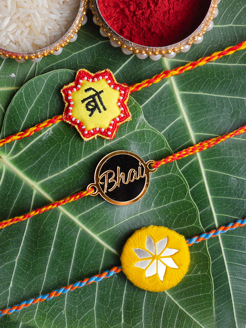 Bro + Bhai + Bandhan Yellow Set of 3 Rakhis