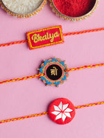 Bhaiya Embroidered + Bro + Bandhan Red Set of 3 Rakhis