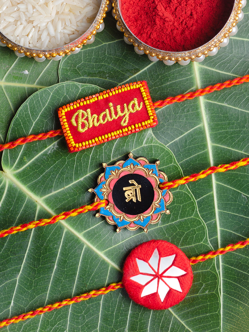 Bhaiya Embroidered + Bro + Bandhan Red Set of 3 Rakhis