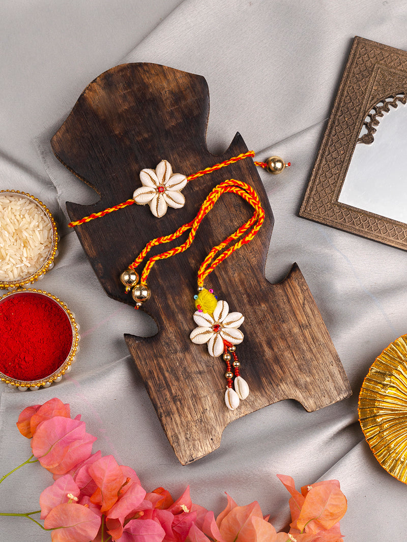 Shell Flower Embroidered Rakhi + Lumba Set