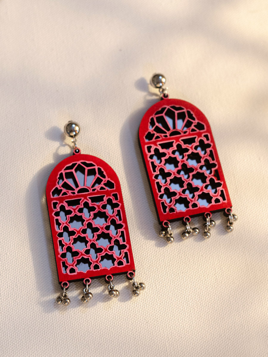 Darpan Mirror Hand-painted Earrings, a hand painted designer earring with mirror and ghungroos from our designer collection of hand embroidered earrings for women online.