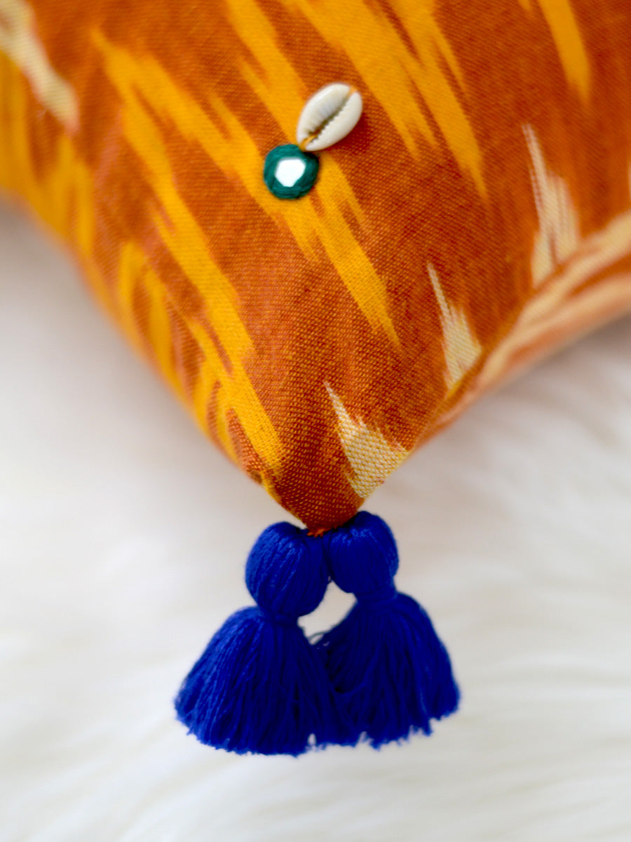 Growth Cushion Cover (Orange/Mustard), a unique hand embroidered cotton cushion cover with mirror and tassel detailing from our wide range of quirky, bohemian home decor products like ethnic cushion covers, thread art, wall decor & wall art, keychain holders and more.