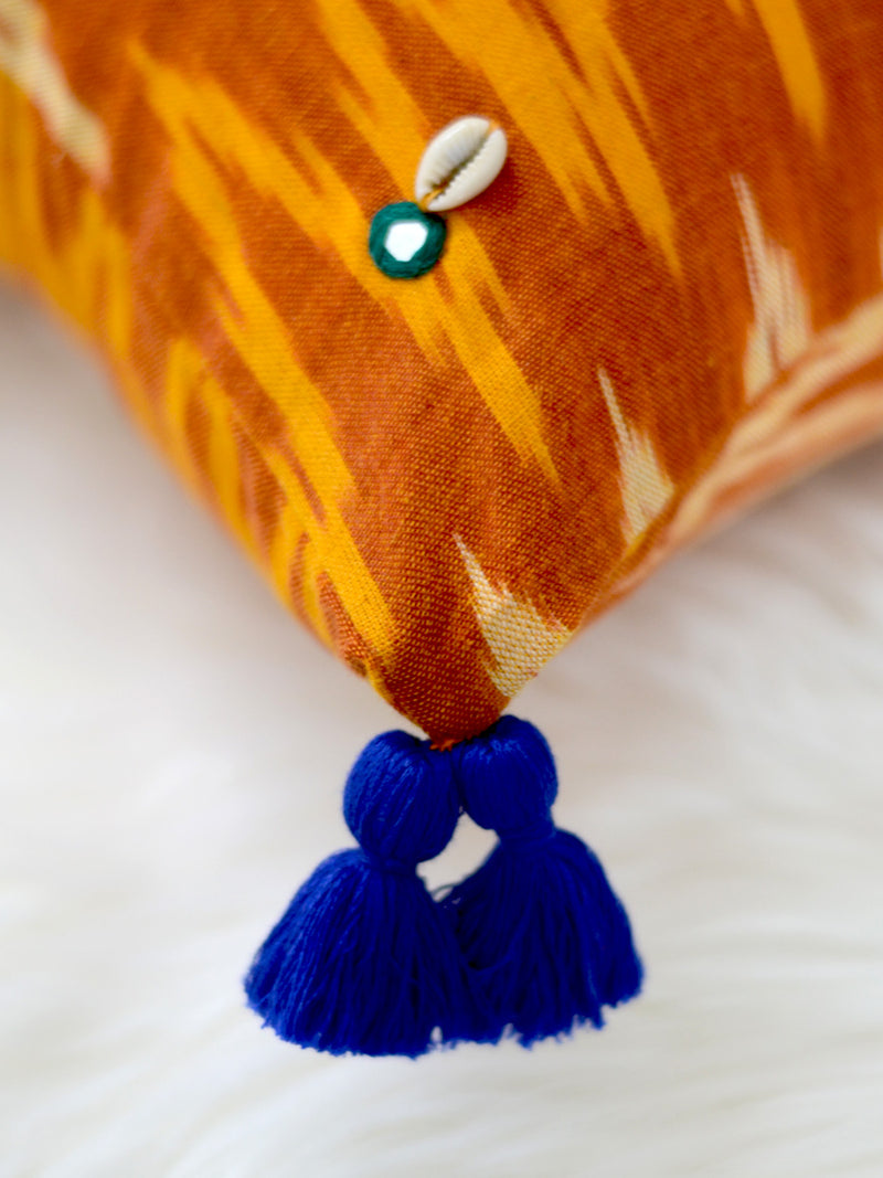 Growth Cushion Cover (Orange/Mustard), a unique hand embroidered cotton cushion cover with mirror and tassel detailing from our wide range of quirky, bohemian home decor products like handcrafted cushion covers, thread art, wall decor & wall art, keychain holders and more.