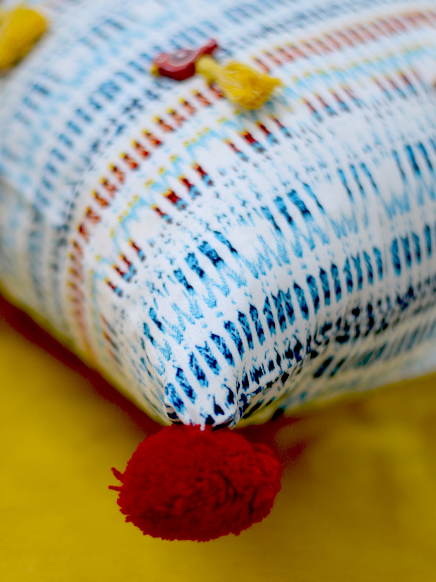 Harmony Cushion Cover, a unique hand embroidered cotton cushion cover with pom pom and tassel detailing from our wide range of quirky, bohemian home decor products like ethnic cushion covers, thread art and more.