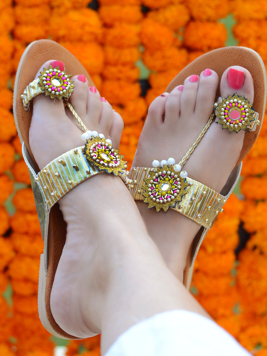 Khwabida Gota-patti Kolhapuris from our sassy range of ethnic, gota patti, hand embroidered kolhapuris with mirror, zari and bead work.