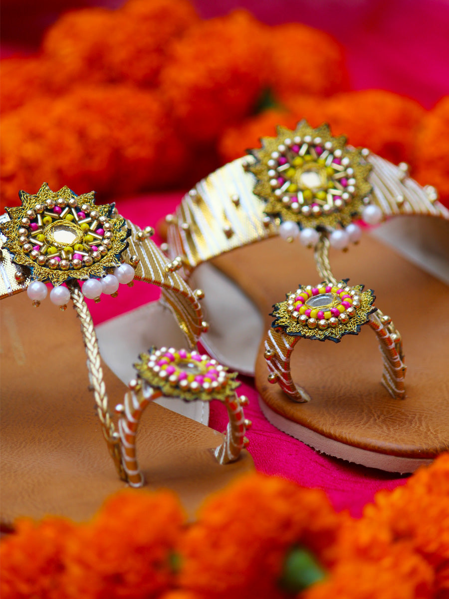 Khwabida Gota-patti Kolhapuris from our sassy range of ethnic, gota patti, hand embroidered kolhapuris with mirror, zari and bead work.