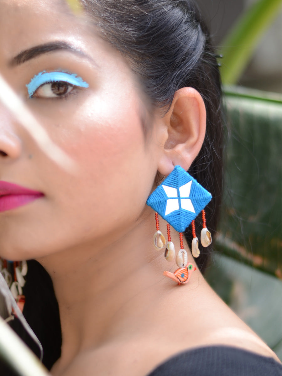 Zahira Mirror Embroidered Bird Earrings, an embroidered mirror earring with beads and shell from our designer collection of earrings for women.