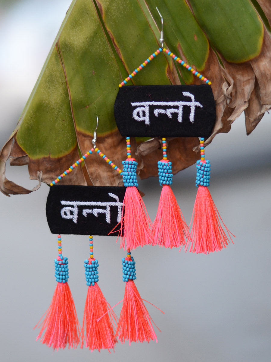 Banno Embroidered Earrings, a contemporary handcrafted earring from our wedding collection of Kundan, gota patti, pearl earrings for women online.
