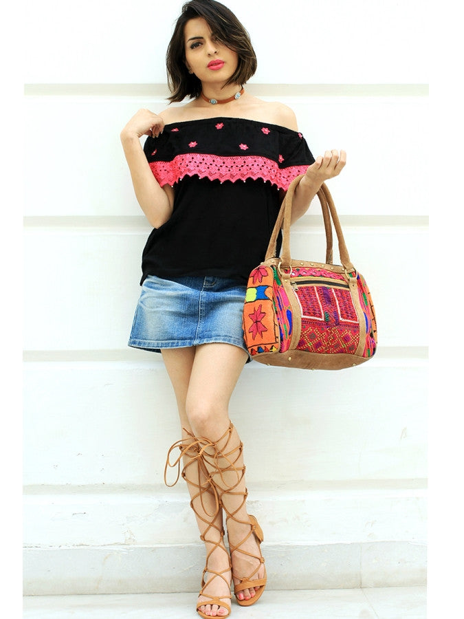Aanya Off-Shoulder Top, a quirky boho bell sleeves top with pearl and crochet detail from our designer collection of tops for women online.