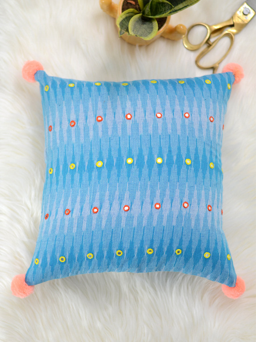 Peace Cushion Cover (Sky Blue), a unique hand embroidered cotton cushion cover with mirror and pom pom detailing from our wide range of quirky, bohemian home decor products like ethnic cushion covers, thread art and more.