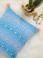 Peace Cushion Cover (Sky Blue), a unique hand embroidered cotton cushion cover with mirror and pom pom detailing from our wide range of quirky, bohemian home decor products like ethnic cushion covers, thread art and more.