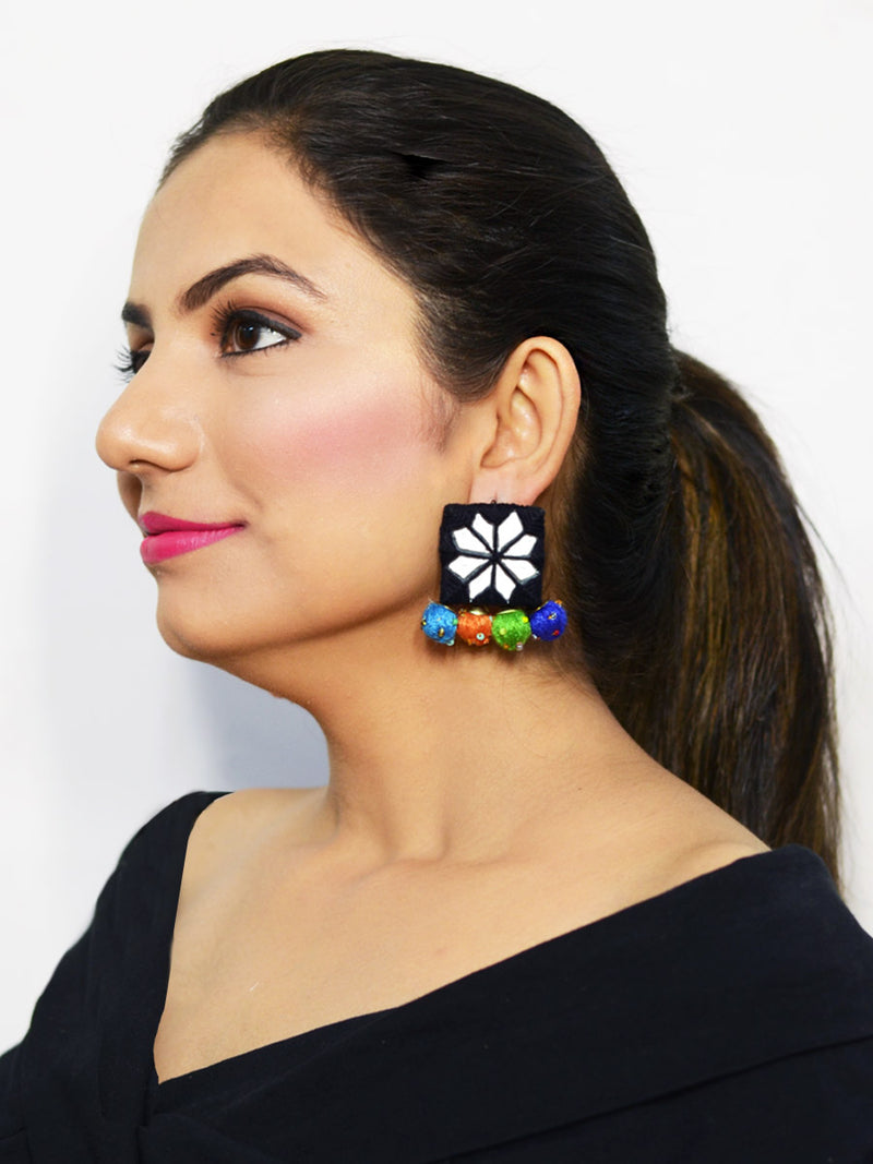 Rabia Hand-embroidered Mirror Earrings, an embroidered mirror earring from our designer collection of earrings for women.