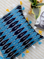 Zen Cushion Cover (Blue/Black), a unique hand embroidered cotton cushion cover with ghungroo and tassel detailing from our wide range of quirky, bohemian home decor products like ethnic cushion covers, thread art, wall decor & wall art and more.