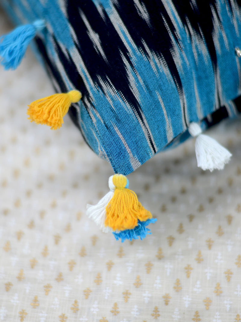 Zen Cushion Cover (Blue/Black), a unique hand embroidered cushion cover with mirror and tassel detailing from our wide range of quirky, bohemian home decor products like ethnic cushion covers, thread art, wall decor and more.