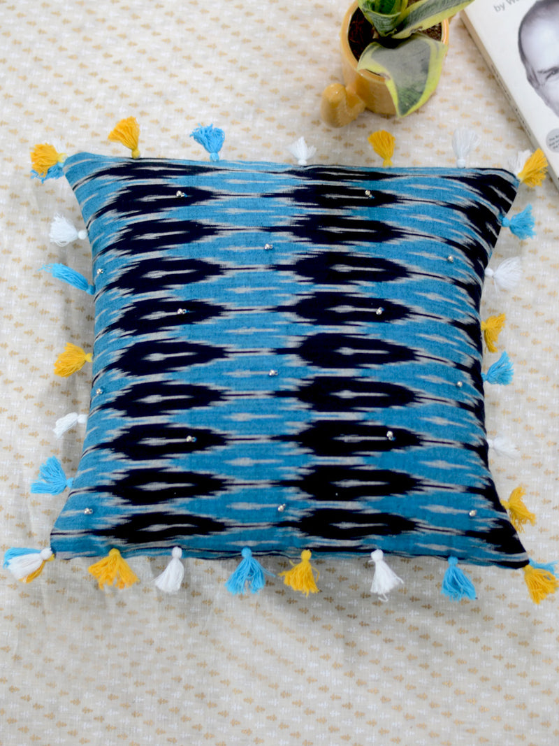 Zen Cushion Cover (Blue/Black), a unique hand embroidered cotton cushion cover with ghungroo and tassel detailing from our wide range of quirky, bohemian home decor products like ethnic cushion covers, thread art, wall decor & wall art and more.