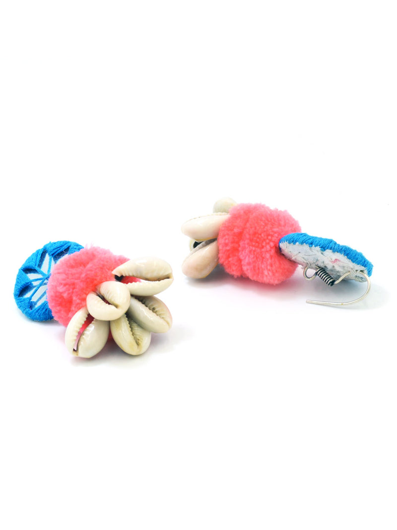 Zoya Pom-pom Shell Earrings, a chic hand embroidered shell earrings with mirror and pom pom detailing from our quirky designer collection of earrings for women online.