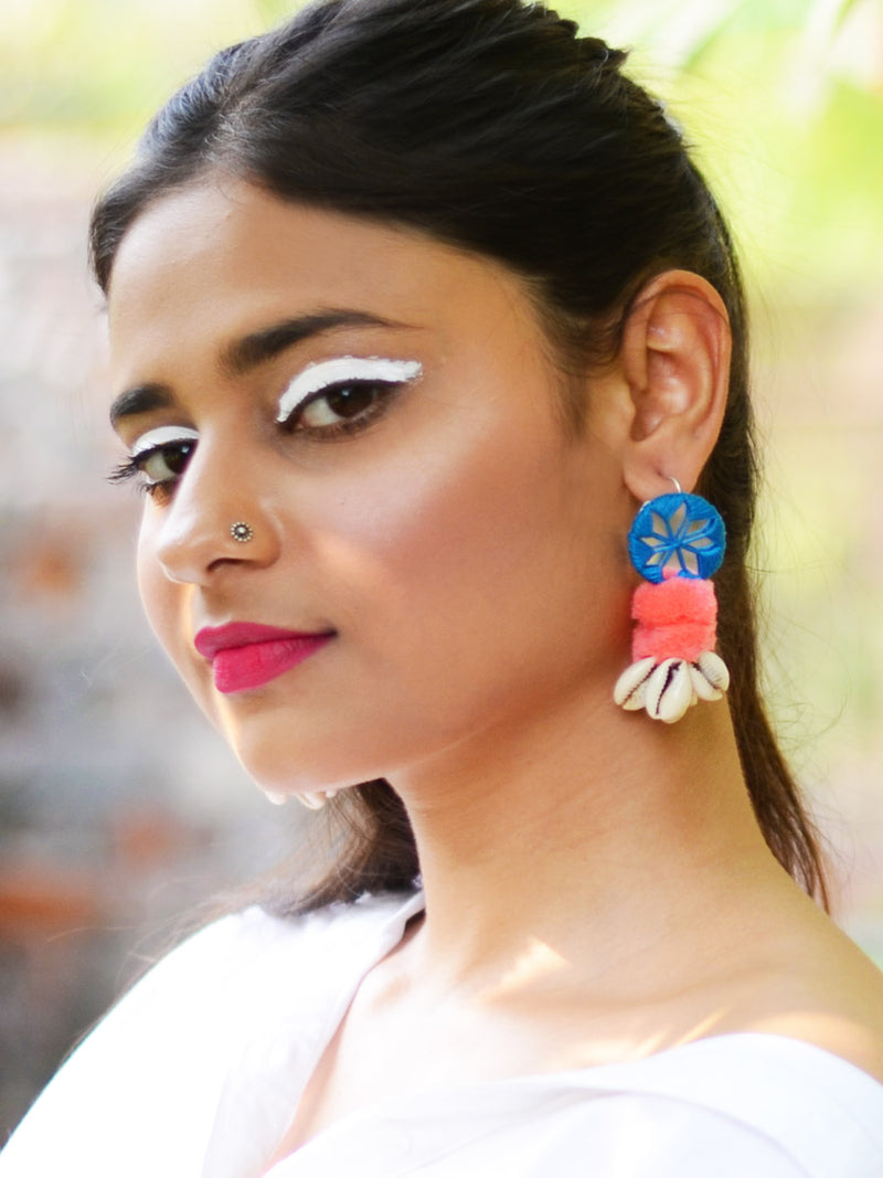 Zoya Pom-pom Shell Earrings, a chic hand embroidered shell earrings with mirror and pom pom detailing from our designer collection of earrings for women.