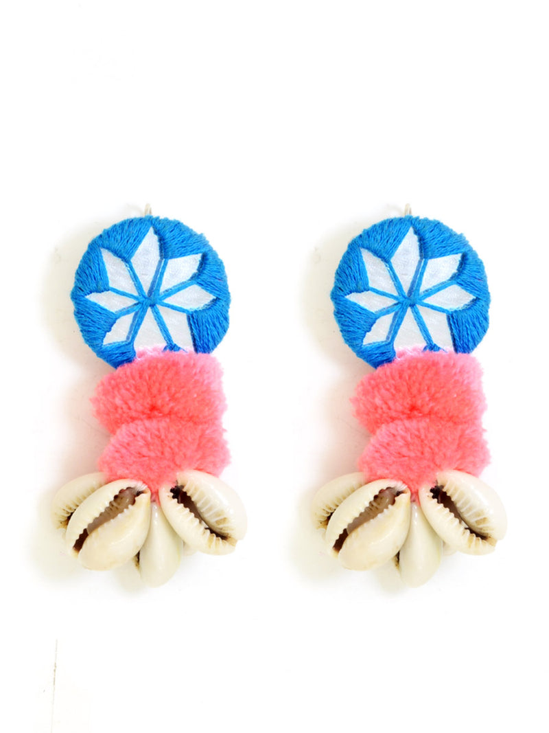 Zoya Pom-pom Shell Earrings, a chic hand embroidered shell earrings with mirror and pom pom detailing from our designer collection of earrings for women.
