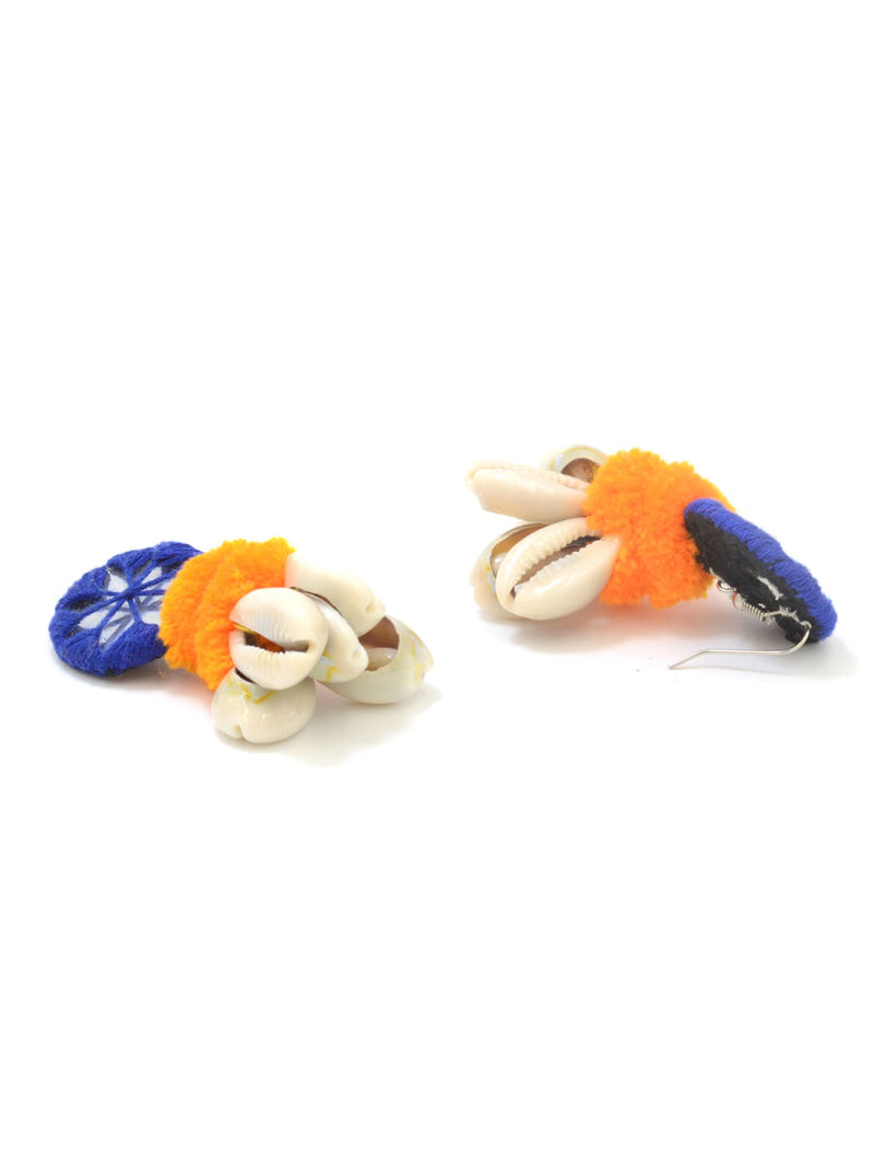 Zoya Pom-pom Shell Earrings, a chic hand embroidered shell earrings with mirror and pom pom detailing from our quirky designer collection of earrings for women online.
