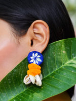 Zoya Pom-pom Shell Earrings, a chic hand embroidered shell earrings with mirror and pom pom detailing from our designer collection of earrings for women.