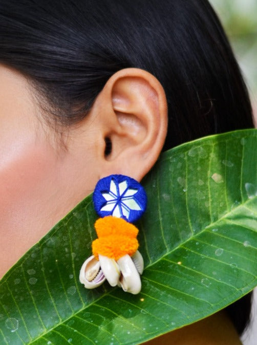 Zoya Pom-pom Shell Earrings, a chic hand embroidered shell earrings with mirror and pom pom detailing from our designer collection of earrings for women.