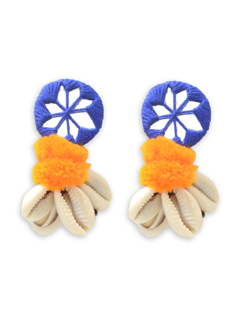 Zoya Pom-pom Shell Earrings, a chic hand embroidered shell earrings with mirror and pom pom detailing from our designer collection of earrings for women.