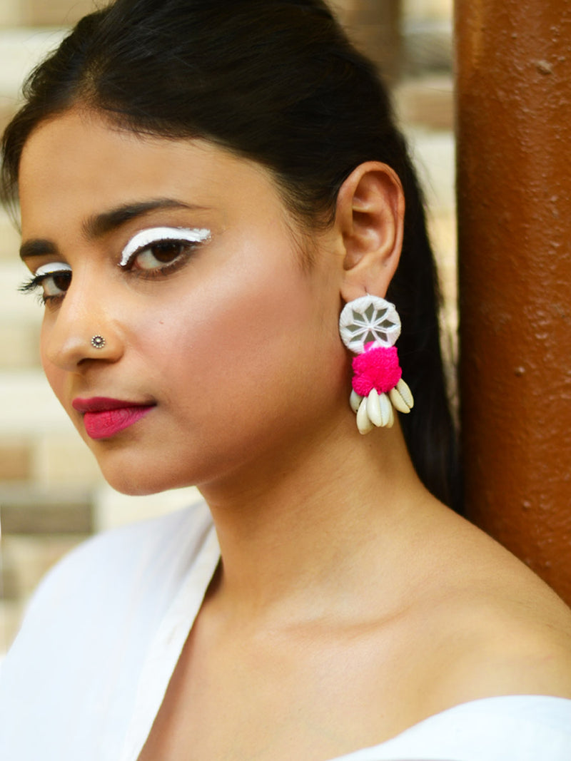 Zoya Pom-pom Shell Earrings, a chic hand embroidered shell earrings with mirror and pom pom detailing from our designer collection of earrings for women.