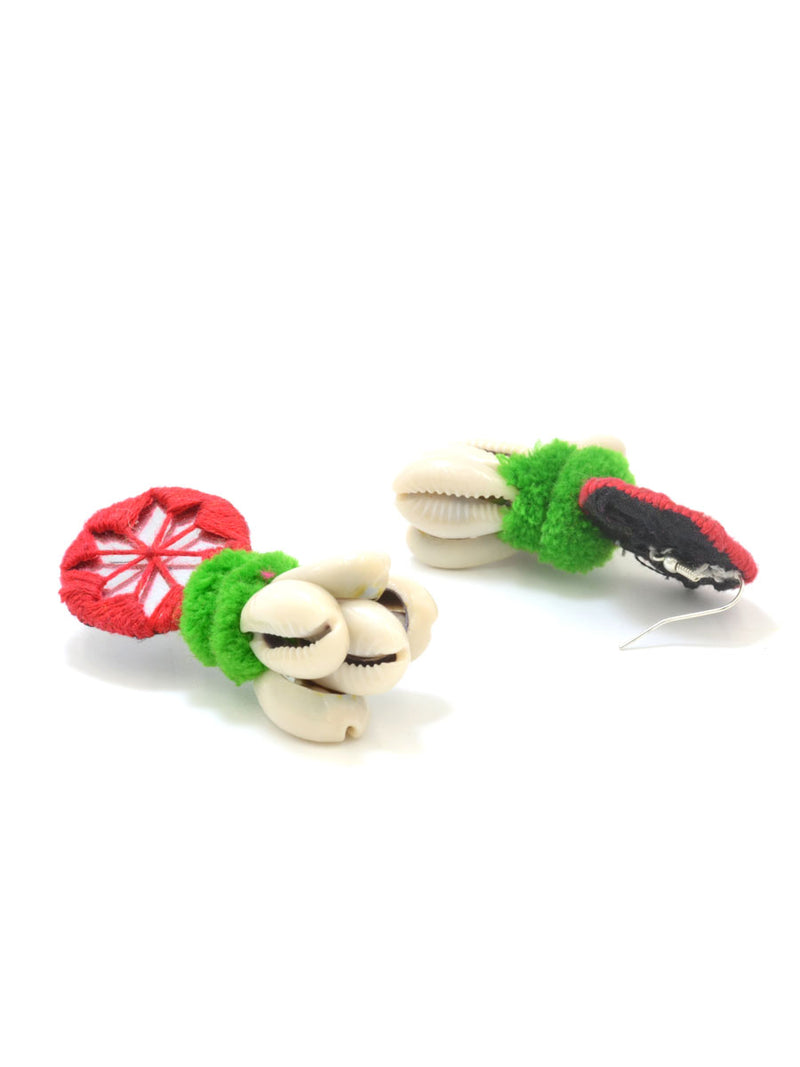 Zoya Pom-pom Shell Earrings, a chic hand embroidered shell earrings with mirror and pom pom detailing from our quirky designer collection of earrings for women online.