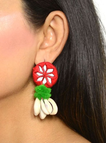 Zoya Pom-pom Shell Earrings, a chic hand embroidered shell earrings with mirror and pom pom detailing from our quirky designer collection of earrings for women online.